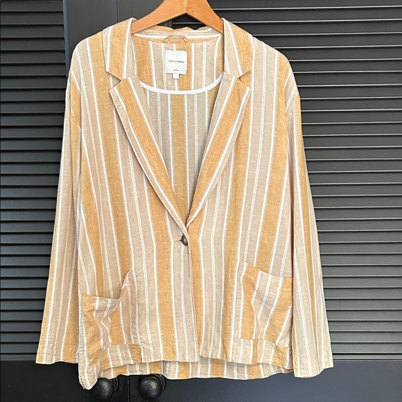 Gentle Fawn Linen Blend Tan and White Striped Blazer, Size Large - Picture 1 of 16